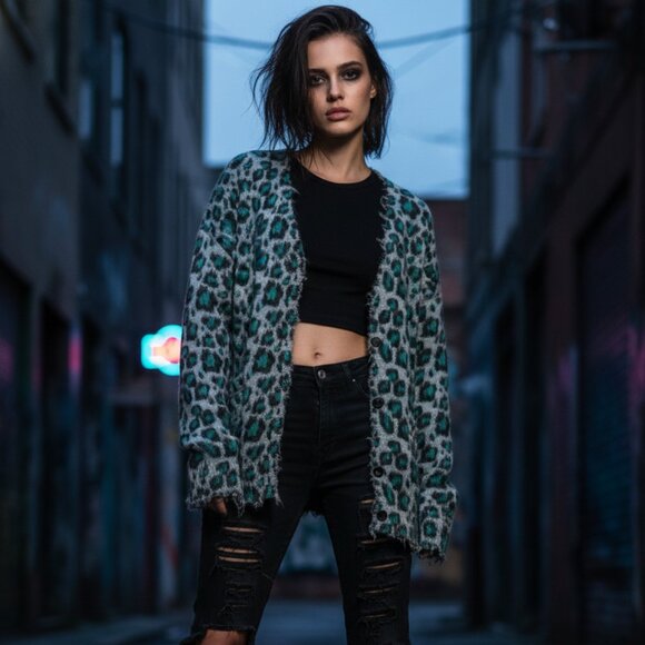 $595 R13 distressed edgy blue gray leopard oversized cardigan S - Picture 2 of 16